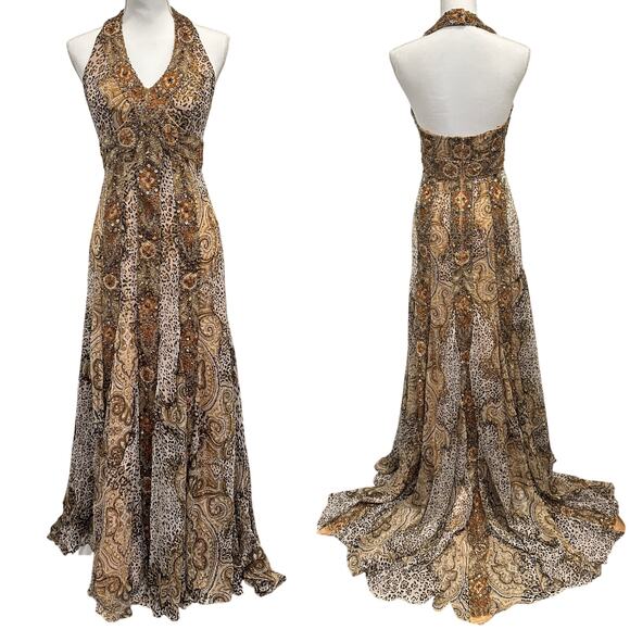 Sherry Haute Couture Y2K Silk Beaded Sequin Gemstone Animal Print Halter Gown - Picture 1 of 16